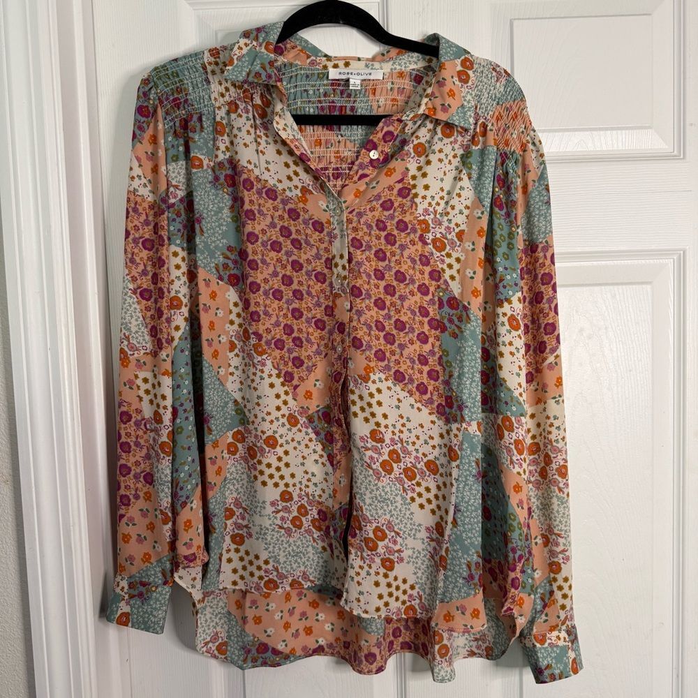 Rose & Olive Multicolor Floral Patchwork Blouse with Ruffles Size Large - Picture 2 of 6